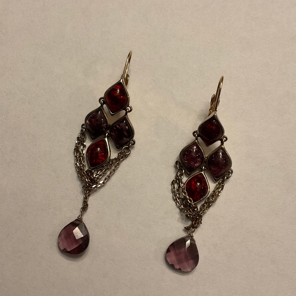 Earrings, multicolored purple & red stones. Hangs 2 3/4”